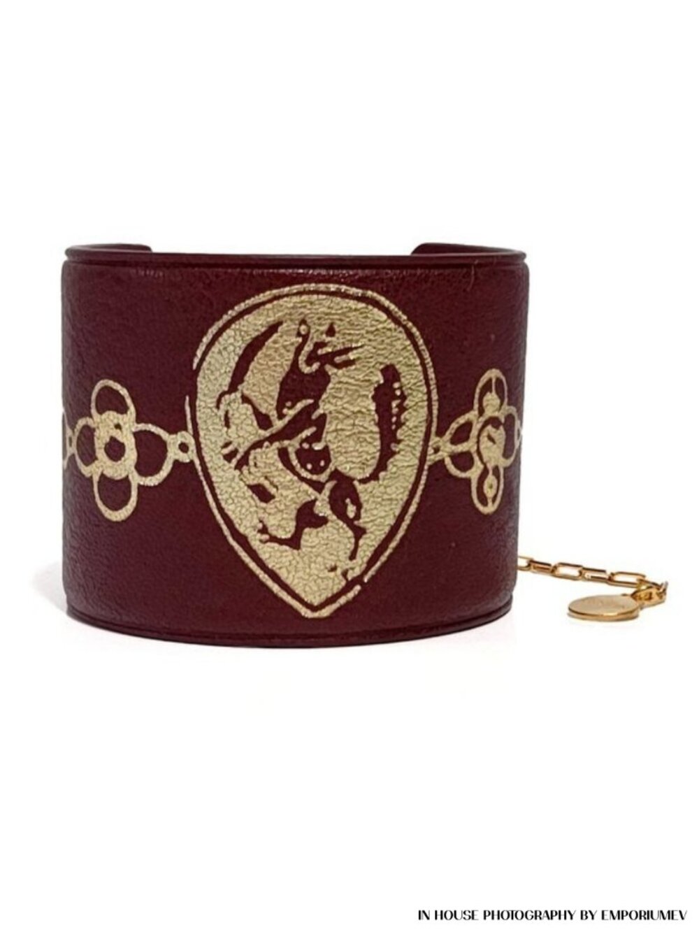 LANVIN Printed Burgundy Leather Gold Wrap Bracelet